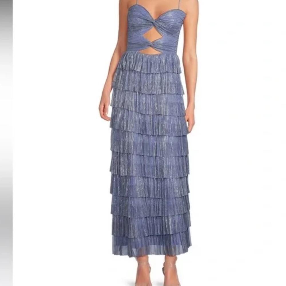 NWT gianni bini Grace Metallic Plisse Sweetheart Neck Cut-Out Tiered Dress